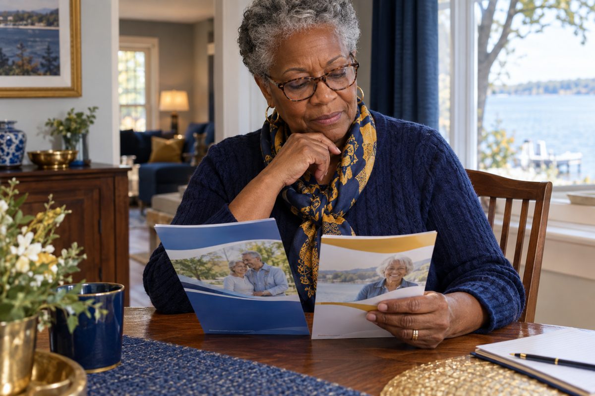 Senior woman comparing two Medicare plan brochures at her table